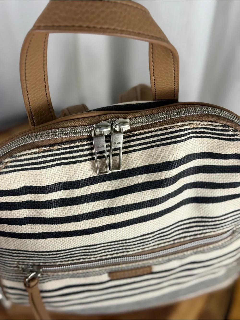 Relic Striped Black & Cream Canvas Backpack Purse with Tan Trim - EUC